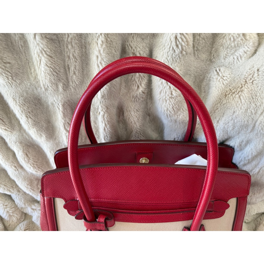 Prada Milano Red Saffiano Leather and Beige Canvas Tote Bag Handbag - Picture 4 of 15